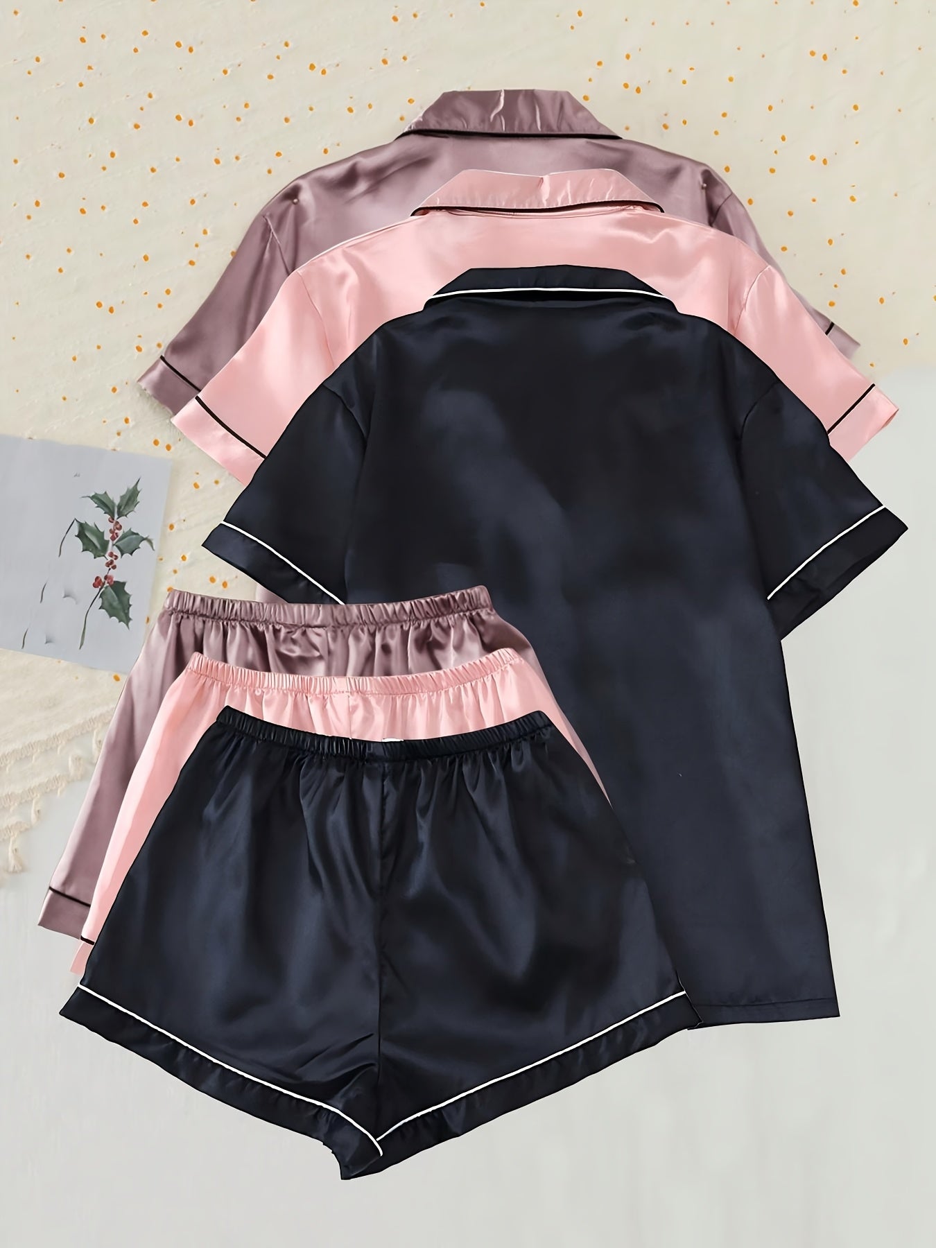 6pcs Colorful Satin Women'S Pajama Set, Short Sleeve Embroidered Lapel Top and Bowknot Shorts, Women'S Pajamas and Home Clothes